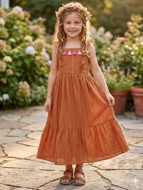 Cat & Jack Rust Burnt Orange Gold Shimmer Maxi Dress 6/6X Boho Tassel Vibe